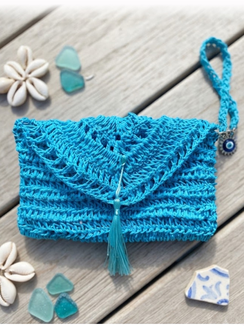 Handcrafted Turquoise Crochet Clutch with Tassel Wristlet
